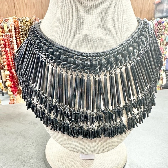 Zara Jewelry - Vintage Zara Metal Fringe Black Glass Bead Chocker Necklace